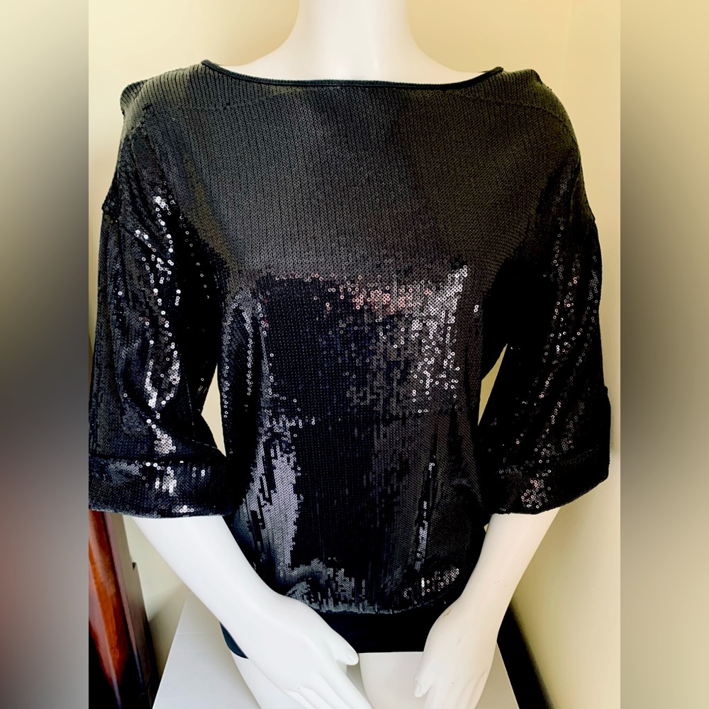 Black sequined blouse tunic top boat neck wide 3/4 long fold-up sleeves US L